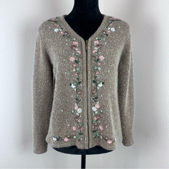 Vintage Sweater Womens Small Cardigan Zip Embroidered Silk Angora 90s Y2K Brown - Picture 1 of 13